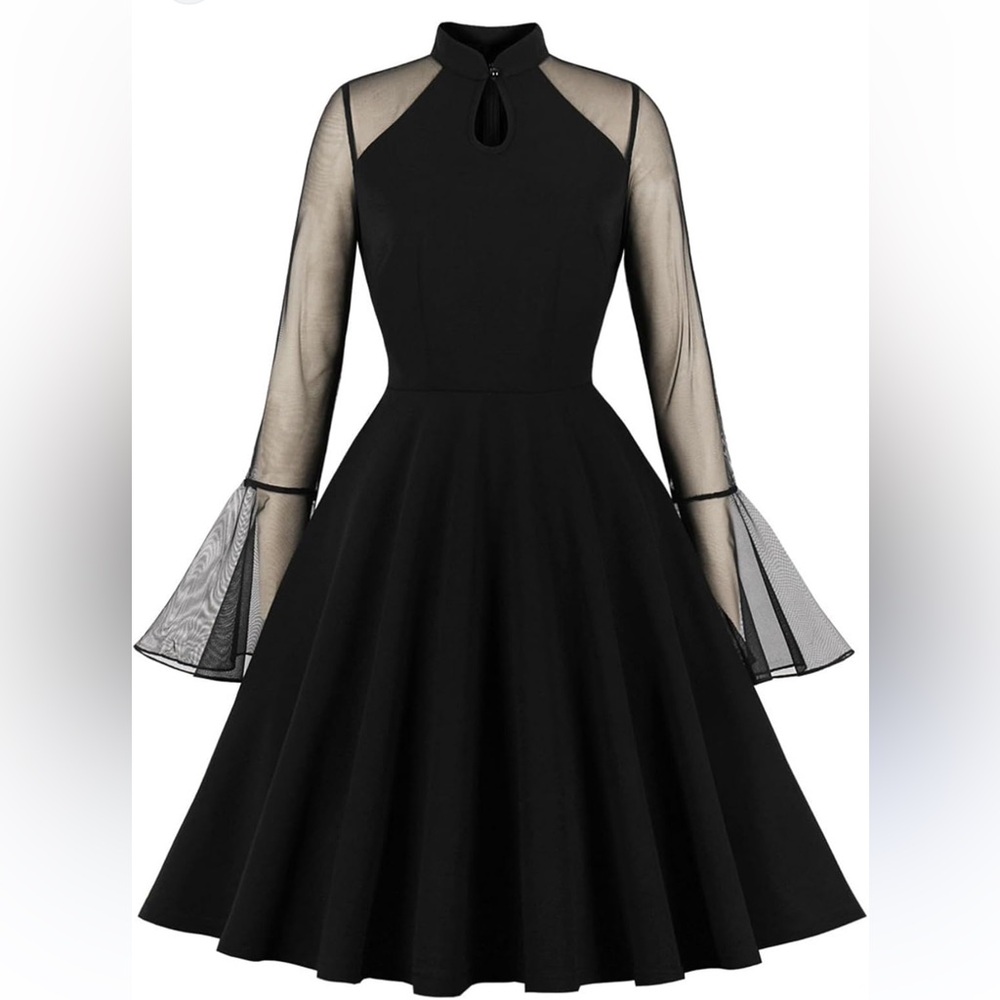 Mesh Gothic Retro  Vintage Style  Dress Black with Sheer Sleeves Size  Small